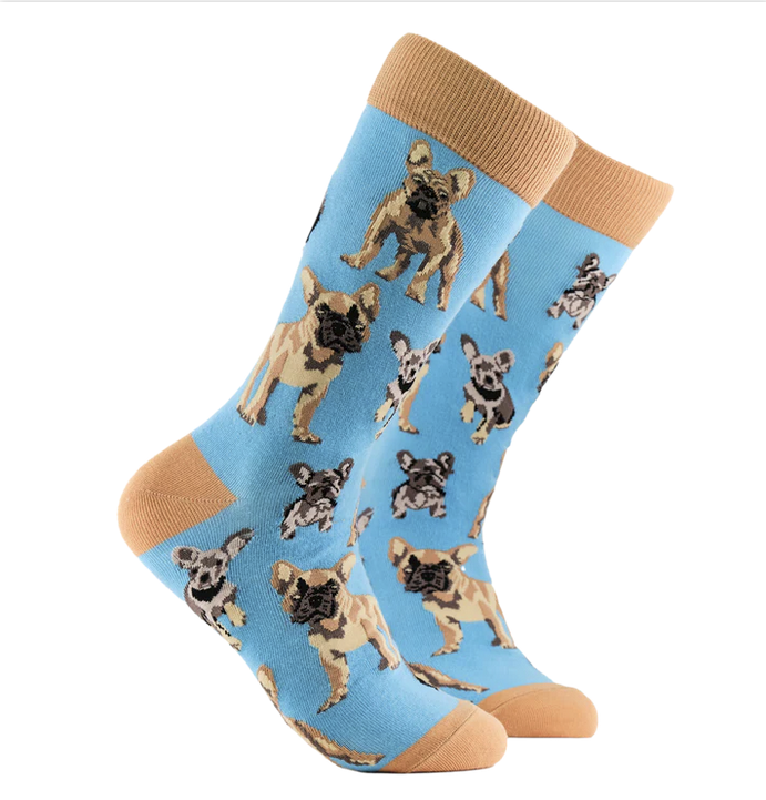 French Bull Dog Socks in light blue and beige