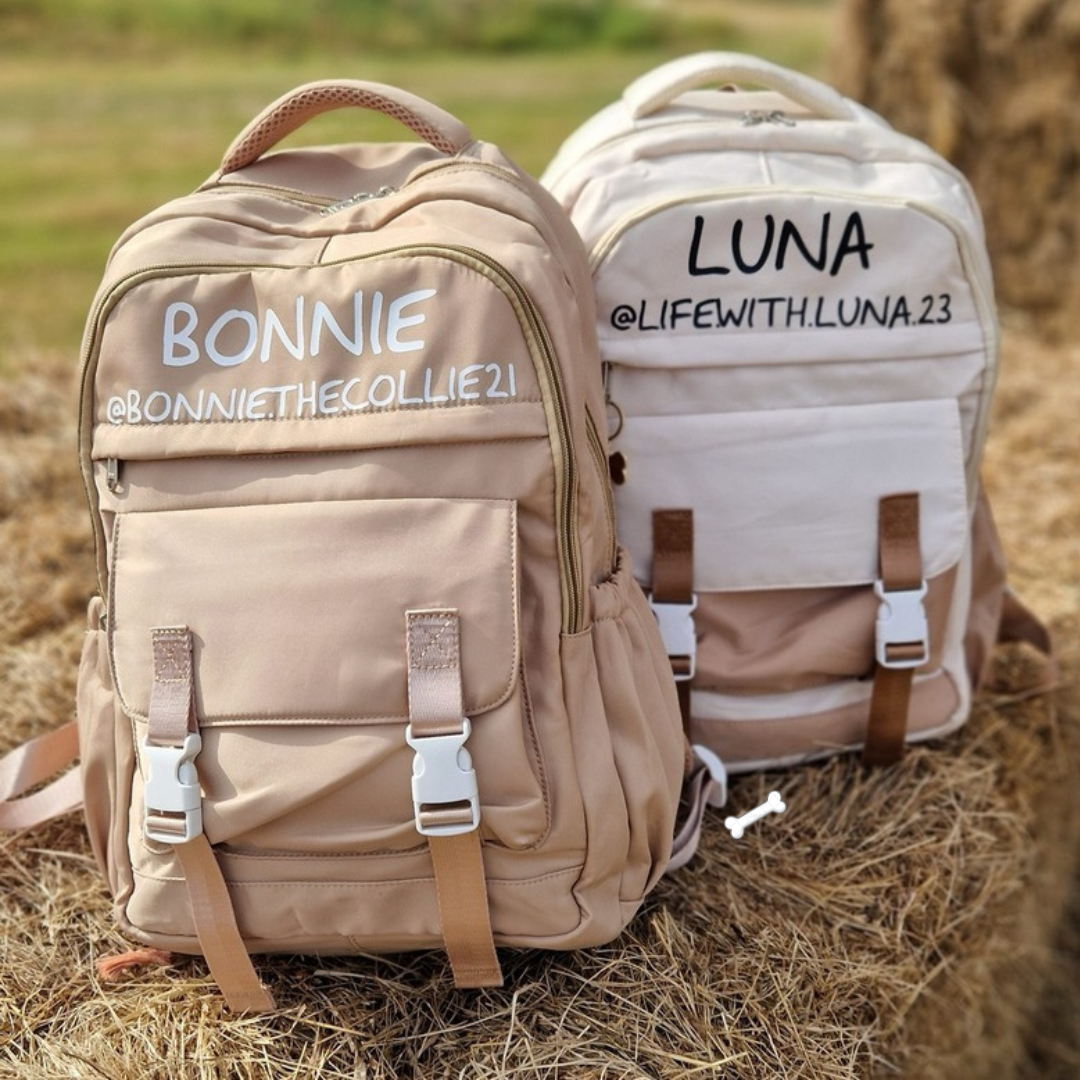 Personalised Rucksack Cream and Kharki with a grassy background